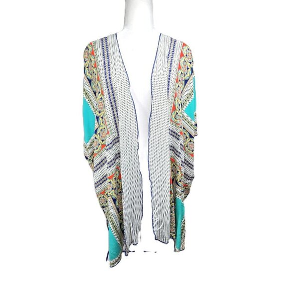 Democracy Aqua Blue Medallion Kimono Open Front Cardigan - Picture 2 of 9